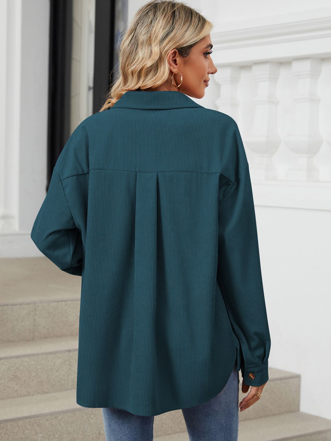 "Button Up Dropped Shoulder Long Sleeve Outerwear – Stylish & Versatile, Relaxed Fit, Chic Button-Up Design, Perfect for Layering & Effortless Everyday Fashion."