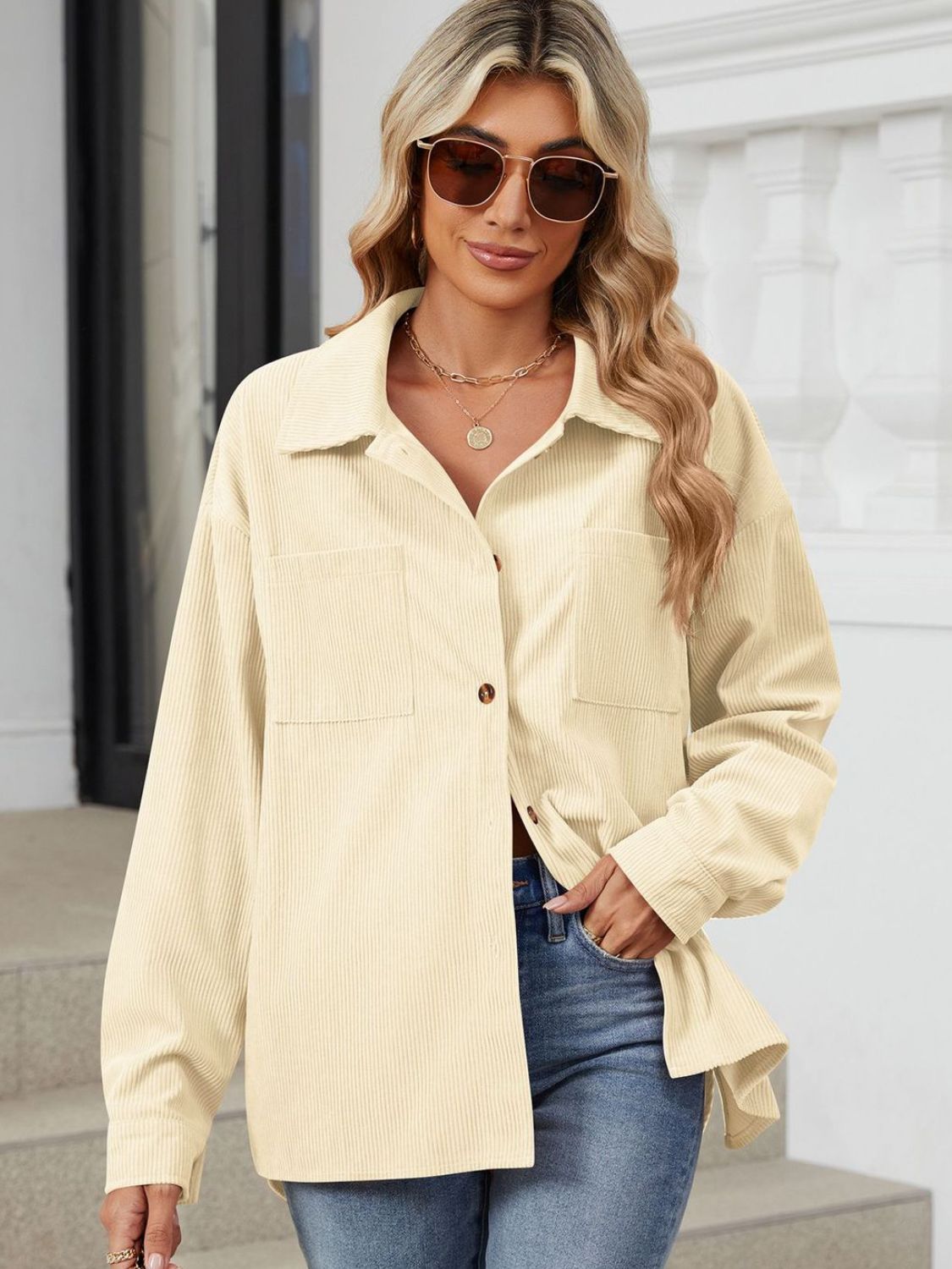 "Button Up Dropped Shoulder Long Sleeve Outerwear – Stylish & Versatile, Relaxed Fit, Chic Button-Up Design, Perfect for Layering & Effortless Everyday Fashion."