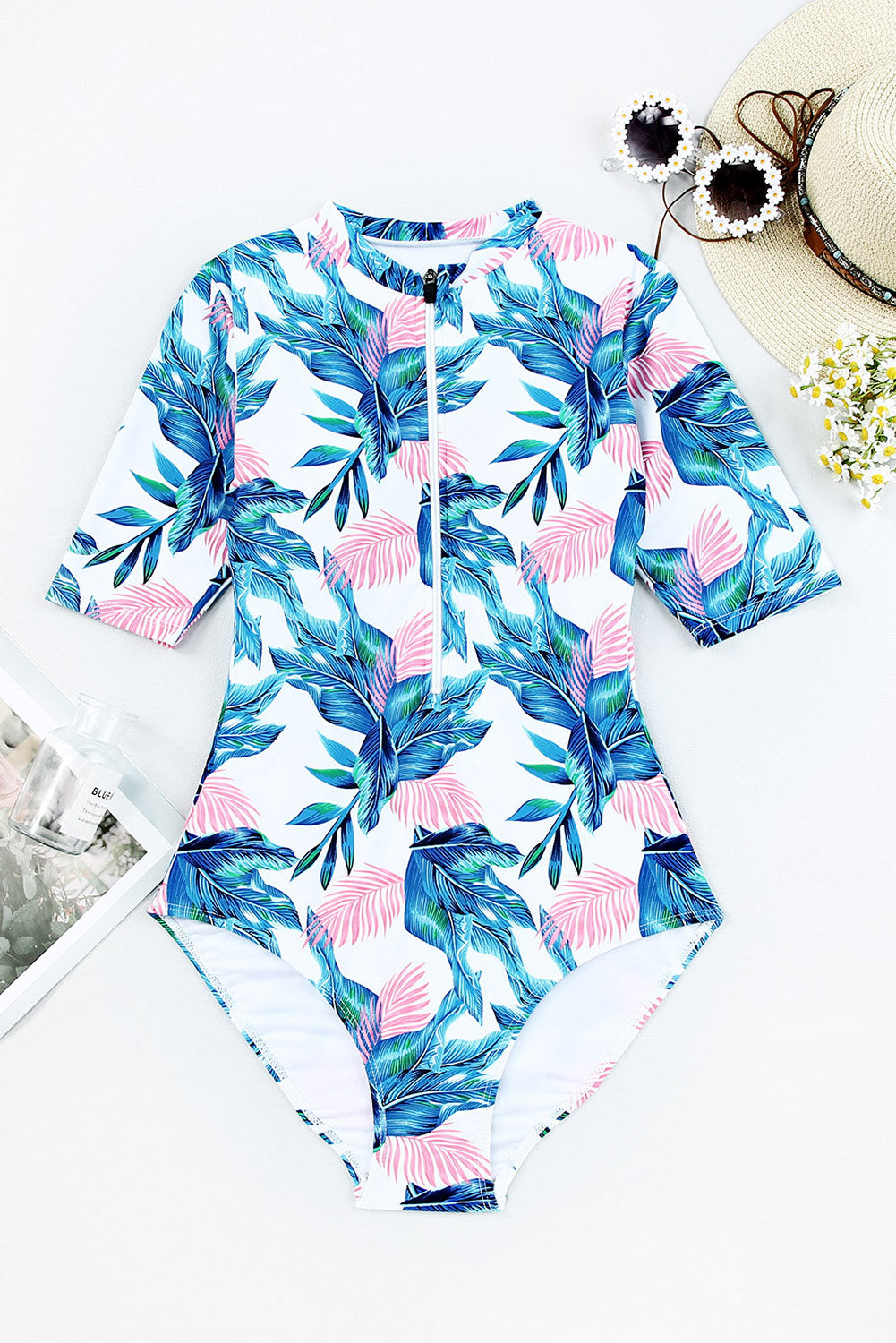 "Printed Notched Half Sleeve One-Piece Swimwear – Stylish Swimsuit with Trendy Print, Flattering Notched Neckline & Half Sleeves, Perfect for Beach & Poolside"