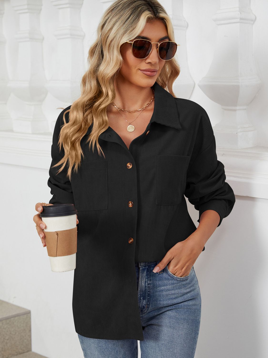 "Button Up Dropped Shoulder Long Sleeve Outerwear – Stylish & Versatile, Relaxed Fit, Chic Button-Up Design, Perfect for Layering & Effortless Everyday Fashion."