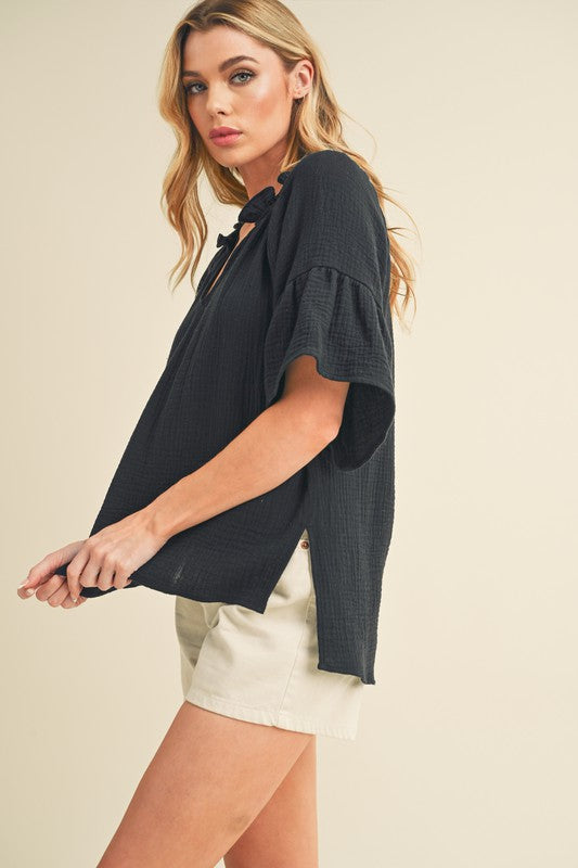 "Olivia Side Slit Notched Ruffled Half Sleeve Blouse – Elegant & Flowy Top, Chic Notched Neckline, Ruffled Half Sleeves, Perfect for Effortless Style"