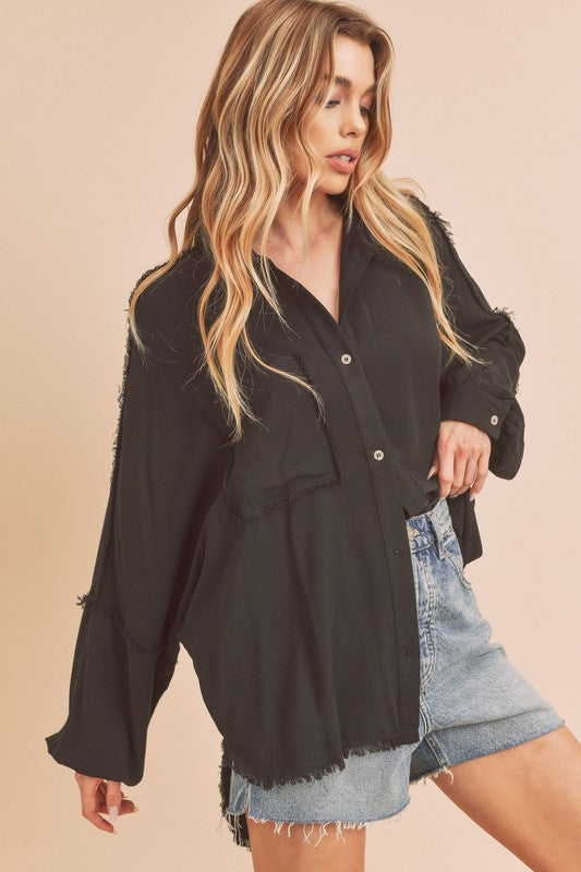 "Olivia Raw Edge Exposed Seam Collared Neck Long Sleeve Shirt – Trendy & Edgy, Unique Raw Edge Details, Classic Collared Design, Perfect for Casual Chic Style"