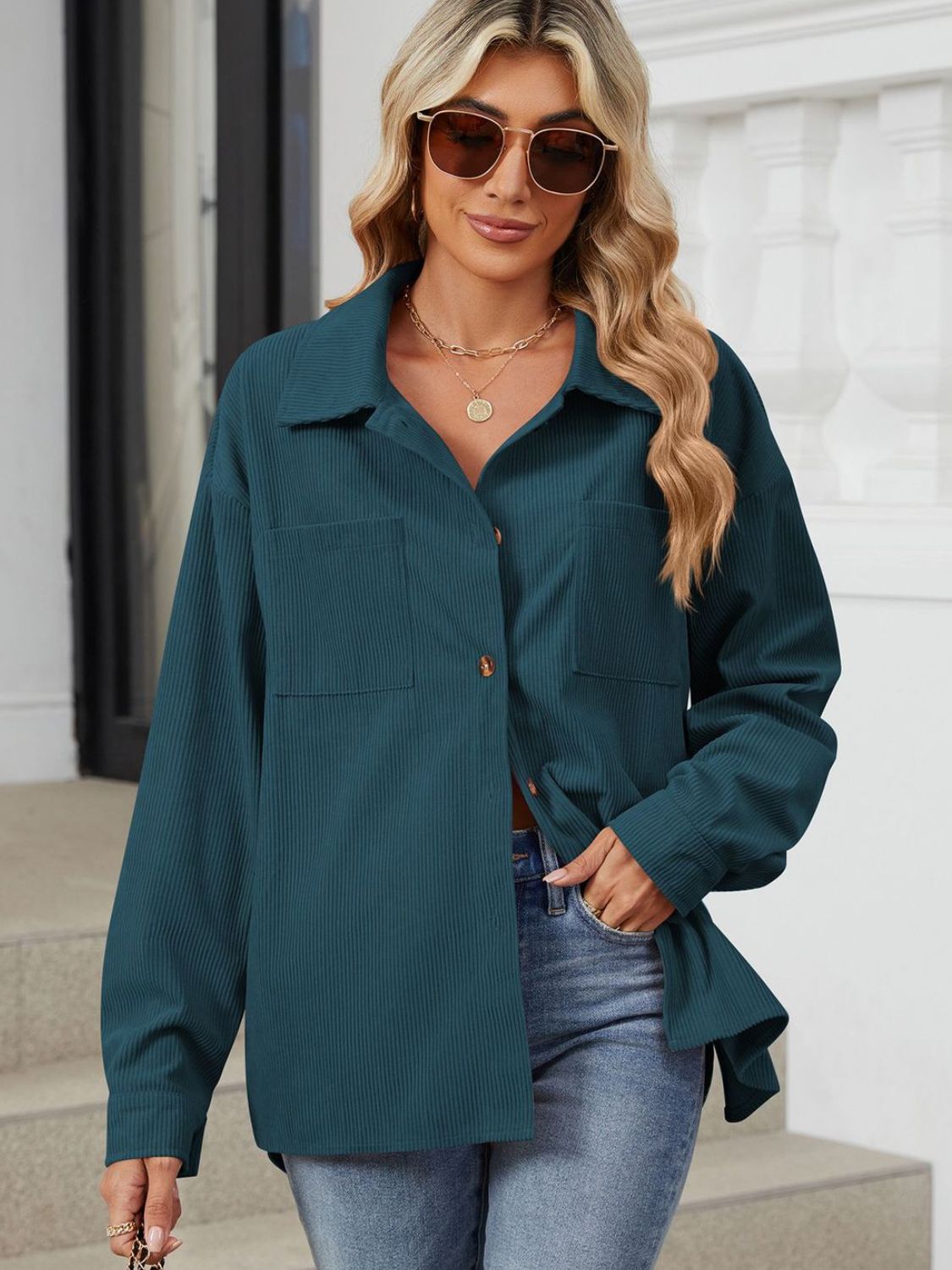 "Button Up Dropped Shoulder Long Sleeve Outerwear – Stylish & Versatile, Relaxed Fit, Chic Button-Up Design, Perfect for Layering & Effortless Everyday Fashion."