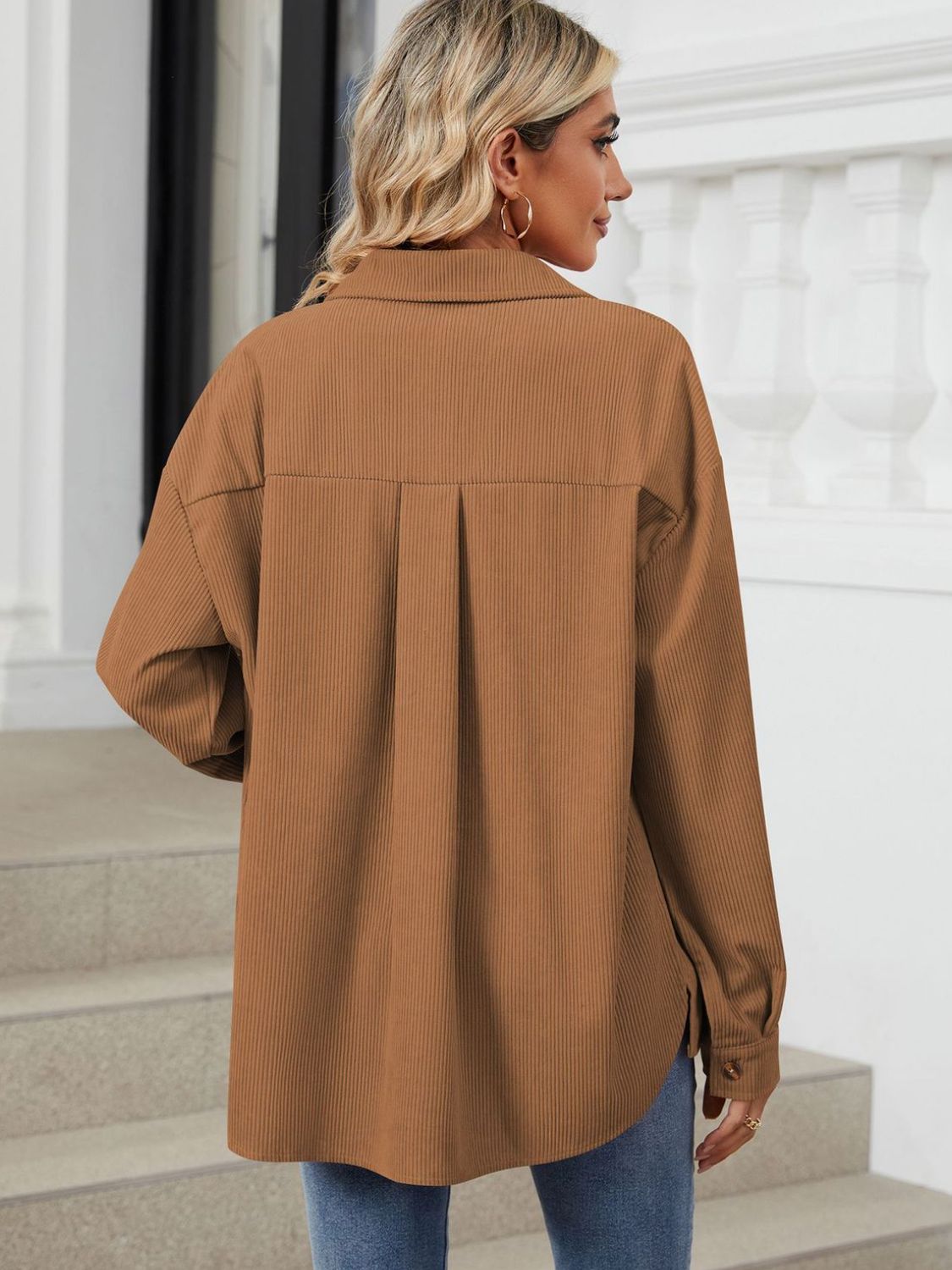 "Button Up Dropped Shoulder Long Sleeve Outerwear – Stylish & Versatile, Relaxed Fit, Chic Button-Up Design, Perfect for Layering & Effortless Everyday Fashion."