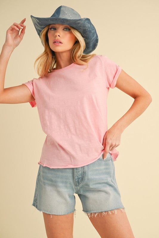 "Olivia Lettuce Edge Round Neck Short Sleeve T-Shirt – Trendy & Casual, Soft Fabric, Flattering Fit, Chic Lettuce Trim, Perfect for Everyday Wear"