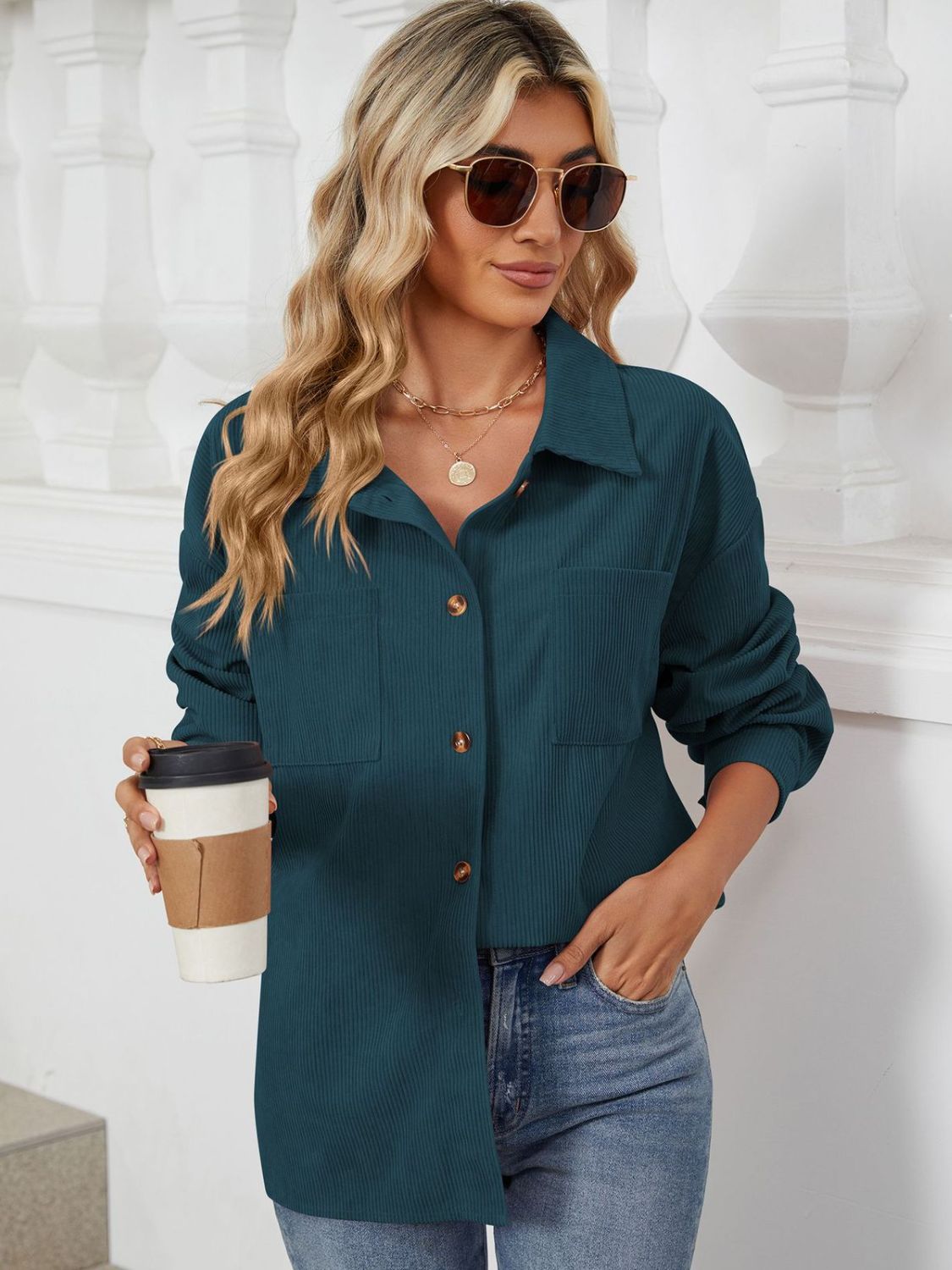 "Button Up Dropped Shoulder Long Sleeve Outerwear – Stylish & Versatile, Relaxed Fit, Chic Button-Up Design, Perfect for Layering & Effortless Everyday Fashion."