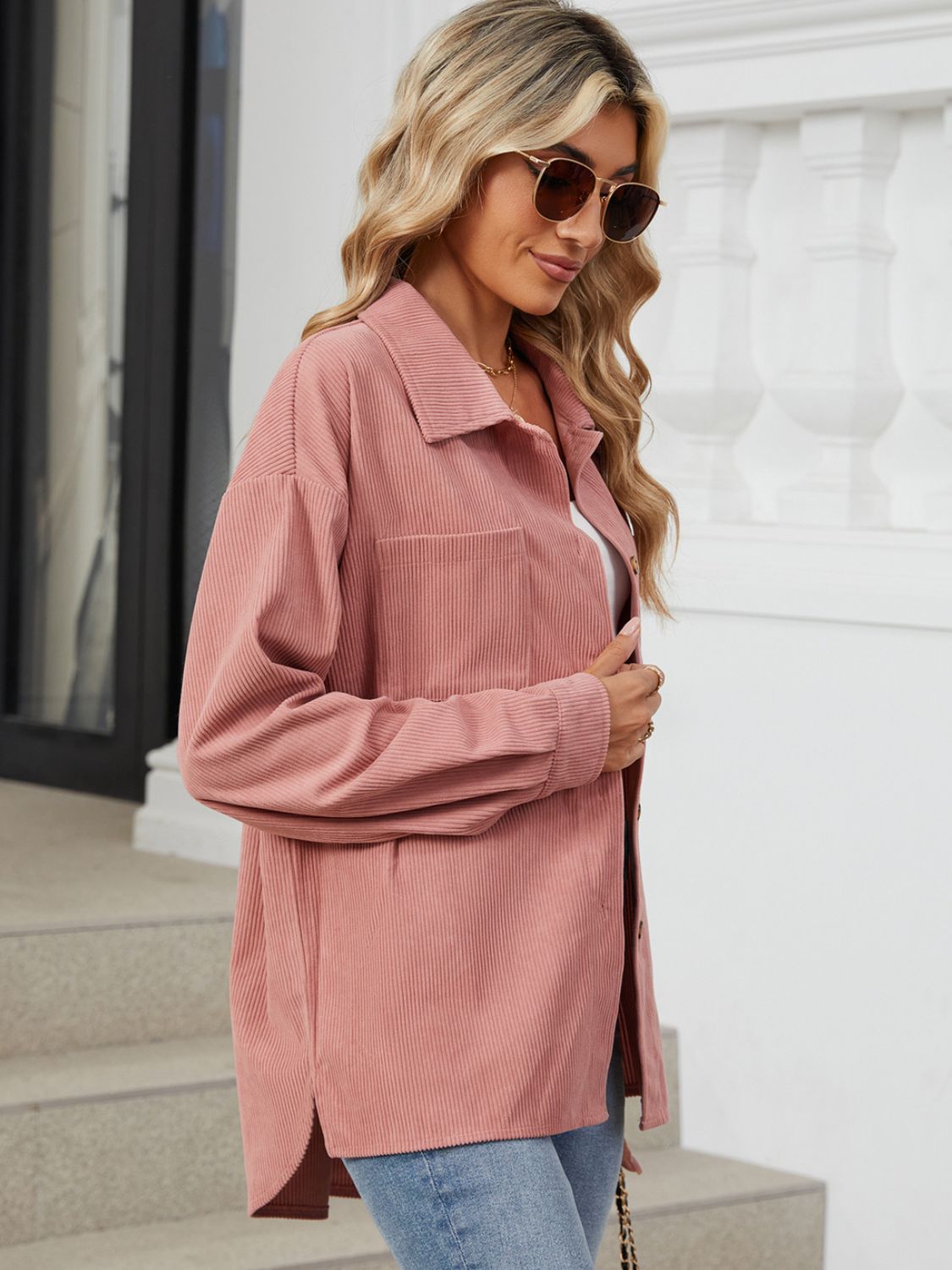 "Button Up Dropped Shoulder Long Sleeve Outerwear – Stylish & Versatile, Relaxed Fit, Chic Button-Up Design, Perfect for Layering & Effortless Everyday Fashion."