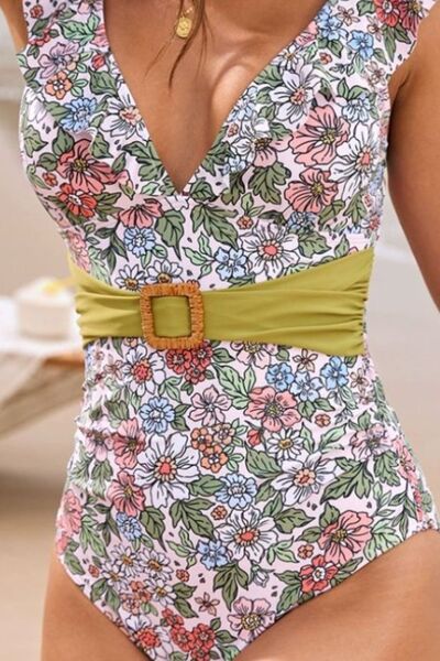 Floral ruffled plunge one-piece swimsuit, elegant beachwear